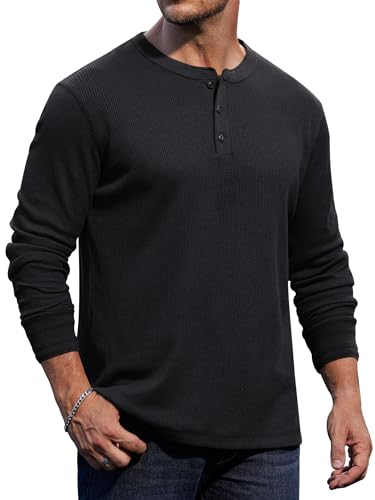 Herberton Mens Athletic Knit Shirts Gentle Workout Tee Henley Waffle Button Long Sleeve Classic Fall Tshirt Black L