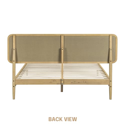 Image of NTC Lupin Wooden Bed Frame with Headboard, Solid Oak and Rubber Wood Foundation with Silent Slats and Wood Central Supports, 1000 Lb Capacity, Queen - Sand