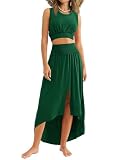 WIHOLL Sexy Dresses For Women 2 Piece Knitted Crop Top Boho High Waist Midi Skirt Set Green XS
