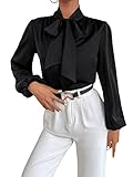 DIDK Damen Elegant Satin Bluse Business Schluppenshirt mit Schleife Langarmshirts Oberteil Tops Bischofärmeln Schwarz M