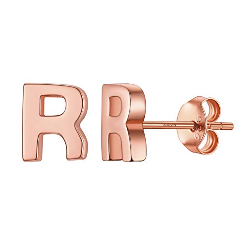 925 Sterling Silver Trendy Initial Earrings for Women, Yellow Gold/Rose Gold Plated/Cubic Zirconia Solid Silver A-Z Dainty Letter Hypoallergenic Ear Studs, Come Gift Box R 03 Initial-rose Go