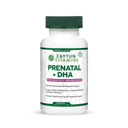 Zaytun Vitamins Halal Prenatal Vitamins + DHA Folic Acid Iron Ginger for Soothing One Daily for All Pregnancy Stages Gluten Free Non-GMO 60 Softgels 2 Months Supply USA Made Halal Vitamins