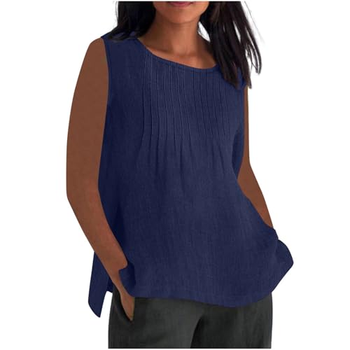 RLEHJN Musselin Tank Top Damen,Lang Trägertop Locker T-Shirt Lässige Baumwoll Leinen Tanktops Sommer Plissierte Ärmelloses Tunika Leichte Damen T-Shirt Strand Vest Blusentop Übergröße S-5XL