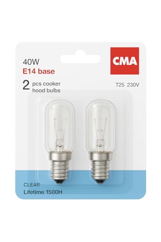 CMA INTERNATIONAL 2 x 40W 240V Cooker Hood Light Bulbs 2700K-[E14 Replacement Universal Small Screw Cap]-T25 for Residential and Commercial Kitchen Lighting-Pack of 2