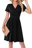 WUWUSKY Sommerkleid Damen Kurzarm V-Ausschnitt Freizeit Kleider A Linie Leicht Casual Dress mit Taschen Strandkleid Rüschen Midikleid Einfarbig A-Linie Kleider,Schwarz,M