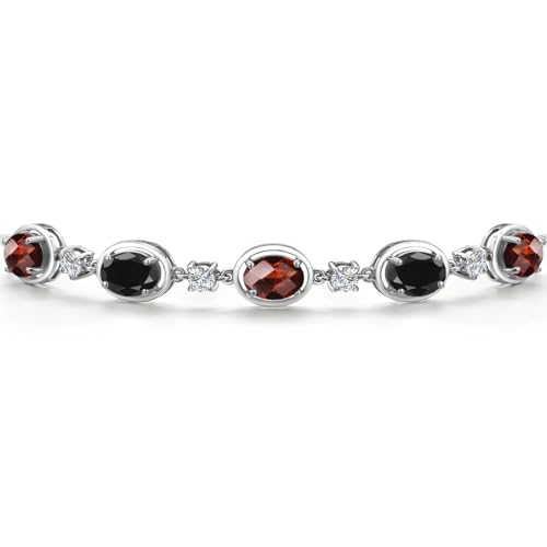 Gem Stone King 925 Sterling Silver Red Garnet and Black Sapphire and Moissanite Tennis Bracelet For Women | 5.20 Cttw | Gemstone January Birthstone | Oval Checkerboard 7X5MM | Fully Adjustable 10 Inch3