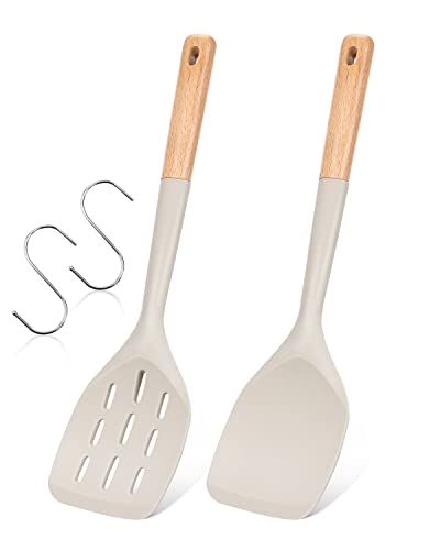 Comparison: Best Spatulas For Non Stick Pans 5 Pack of 2 Silicone Spatula, Non Stick Cooking Utensil Set Wooden Handle Kitchen Turner for Baking Mixing Grilling Serving Food Heat Resistant Non Scratch Hooks Included (Khaki)
