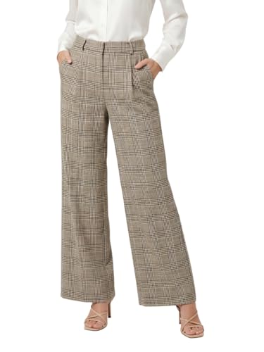 Plaid Pants for Women - High Waisted Wide Leg Dress Pants Stretchy Knit Work Slacks with Elastic Back Comfy Straight Leg Trousers for Business Casual(Beige&Black Plaid)-L