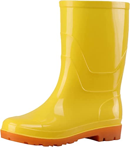 Botas de chuva femininas cano médio botas de chuva galochas, Amarelo, 7