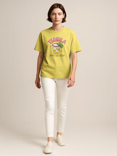 Image of HELLCAT Beige Trendy Printed Oversized T-Shirt for Women