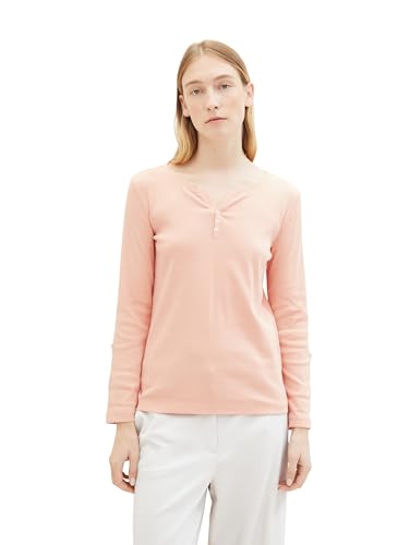 TOM TAILOR Damen Henley Longsleeve mit Streifen aus Bio-Baumwolle, 35225 - Apricot Offwhite Stripe Ck, XXXL – Ansicht 1