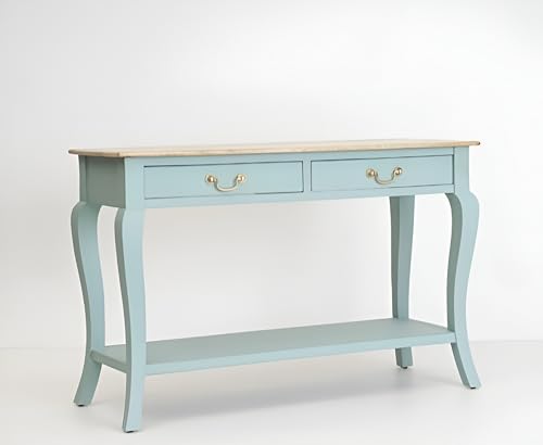 Image of Wooden Console Table with 2 Drawers, Natural Wood Top, Curved Legs, Entryway Sofa Table, Sheesham Wood Study Table with Shelf Storage, 46Lx17Wx30H Inches. (Silt Green)