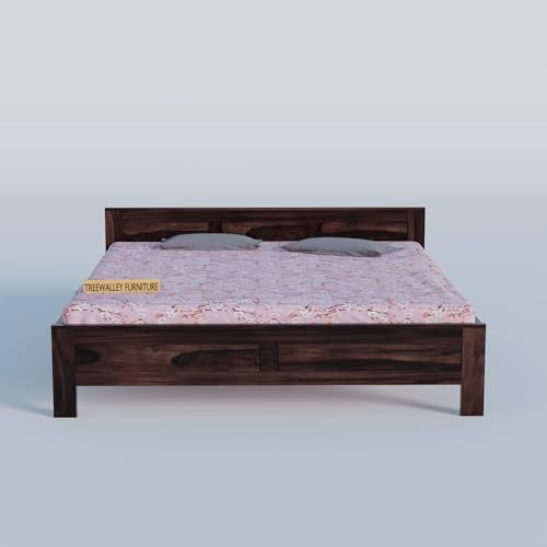 Image of Solid Sheesham Wood Queen Size Bed Without Storage | Double Bed Cot for Bedroom | Palang Double Bed for Home | Wooden Double cot for Living Room | Rosewood | Walnut Finish