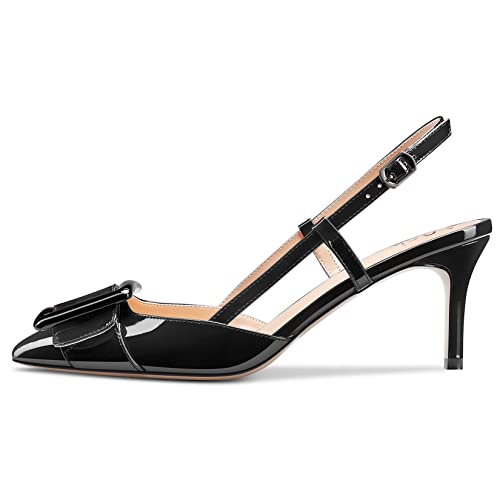 Aachcol Women Stiletto Mid Low Heel Pumps Ankle Strap Slingback Pointed Toe Dress Shoes Office Party Wedding Patent 2.5 Inch2