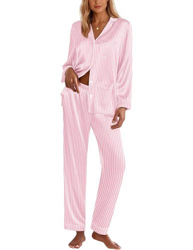 Ekouaer Silk Pajamas for Women Classic Button Down Satin Pajama Sets Long Sleeve Lounge Set
