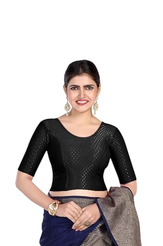 Image of FINESTFIT Round Neck Stretchable Elbow Sleeve Readymade Saree Blouse for Women, 100% Cotton Dobby Fabric