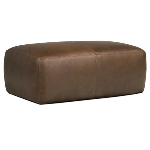 Image of Poly & BARK Denver Ottoman - 43 inch Large Pouf with Feather-Down Topper - Full-Grain Leather Upholstered Pouf Ottoman for Living Room - Vintage Italian Leather in Cocoa Brown