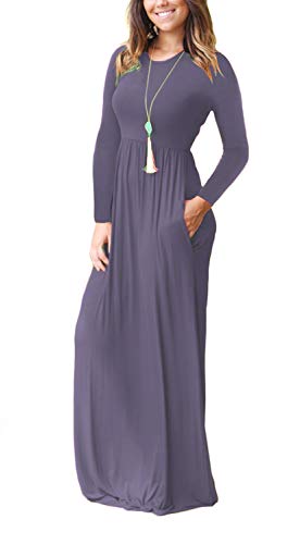 VIISHOW Women's Long Sleeve Solid Pockets Plus Maxi Long Dress with Elastic Waistband(Purple Gray,Medium)