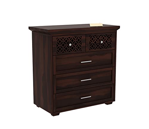 Image of Solid Sheesham Wood Chest of 5 Drawers - Multi-Purpose Storage Cabinet for Living Room, Bedroom, Hall, Kitchen, or Home Office - Walnut Finish, Handmade Indian Furniture