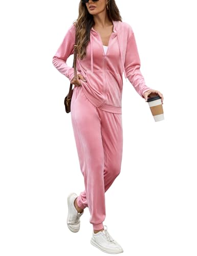 ouansyltg Pink Velour Tracksuit Zip Up Sweatsuit Set Velvet Track Suits for Women Set Fall Winter Jogger Loungewear Pink S