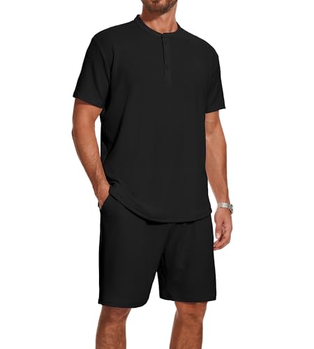 CEIUEO Men's Summer Beach Vacation Outfit Set with Breathable Fabric Fashion Casual 2 Piece Short Set for Men(BK M)
