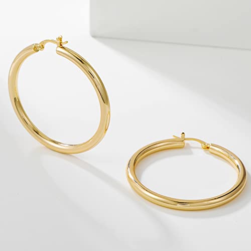 4mm Thick Gold Chunky Earrings Steling Silver Post Hoops Earrings For Women Hollow Tube Hoops Earrings Thick Gold Hoop Earrings Hypoallergenic Lightweight Gold Hoop Large Earrings 20/30/40/50/60MM,