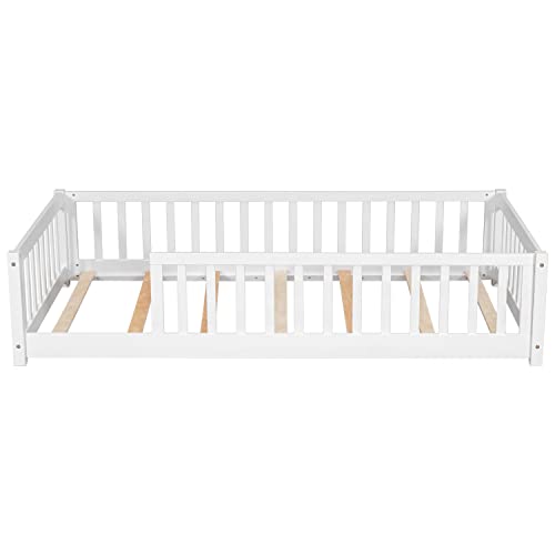 Twin Size Floor Bed For Kids Montessori Bed Frame With Fence Railings & Support Slats, Wooden Playhouse Beds For Boys Girls, No Box Spring Needed, White #TOP6