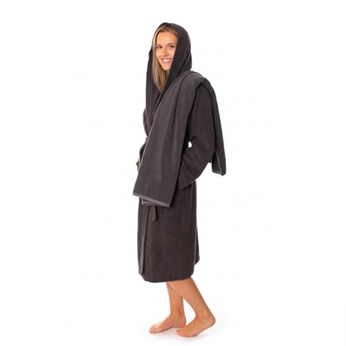 Lavea® Set Sauna Albornoz y Toalla 80x200 cm - Algodón 100% Suave y Absorbente - Hipoalergénico - Capucha y Cinturón - Oeko-Tex® - Set Albornoz M + Toalla Sauna - Antracita