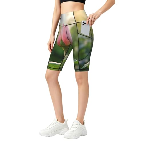 Short de yoga court à motif roses avec poches pratiques pour le fitness