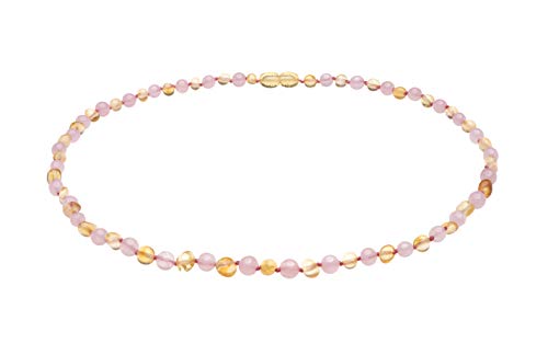 Genuine Amber Necklace From Baltic Sea Made With Polished Lemon Rose Quartz 33 cm (13 Inches)