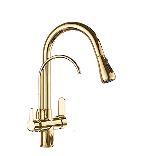 ZH1YFD Grifo de cocina negro y dorado con rociador extraíble y filtro de 3 vías para agua fría y caliente