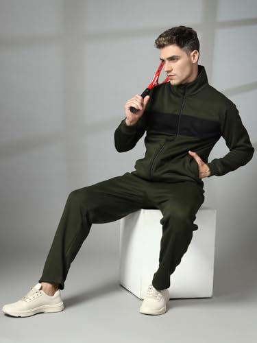 Image of CHKOKKO Mens High Neck Winter Tracksuit Full Zip Jacket with Elastic Waist Lower Warm and Soft Activewear Set for Gym Running and Casual Use Olive Black XL