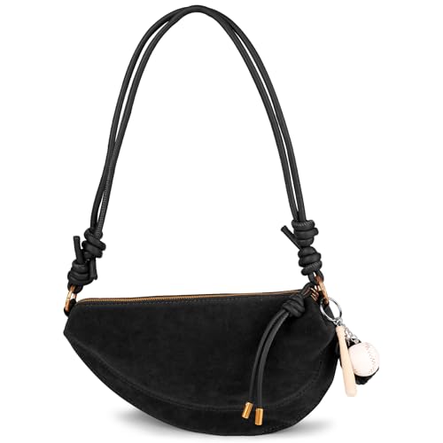 Image of Small Suede Dumpling Crossbody Bag for Women, Hobo Shoulder Purse with Cute Baseball Charms & Adjustable Strap