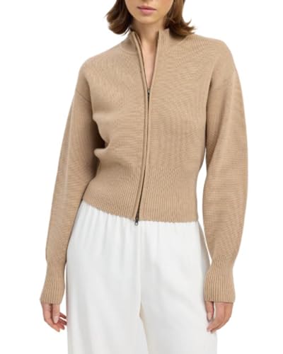 Women's Long Sleeve Zip Up Knit Cardigan Stand Collar Full Zip Sweater Lightweight Ribbed Knit Sweater
