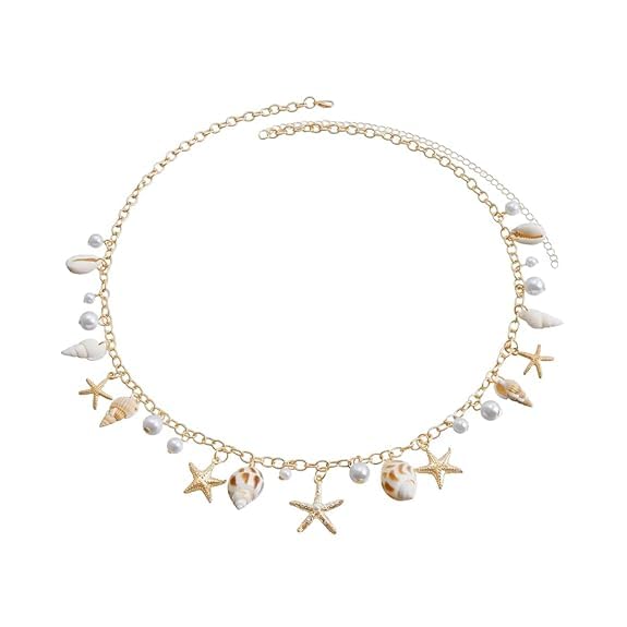 SANNIDHI® Waist Chain for Women Sexy Starfish Shell Bikini Body Hip Chain for Women Saree,Mermaids Pearl Belly Waist Belt Beach Wear - Gold,Adjustable