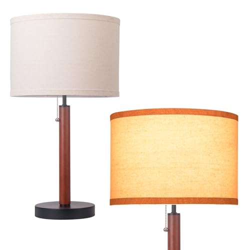 Mid Century Table Lamp,Walnut Wood Finish Table Lamps, Modern Mid Pull Chain Switch Bedside Lamps for Night Stands, Desk Lamp for Beding Room,Living Room,Reading Lamp with E26 Base,Linen LampShade