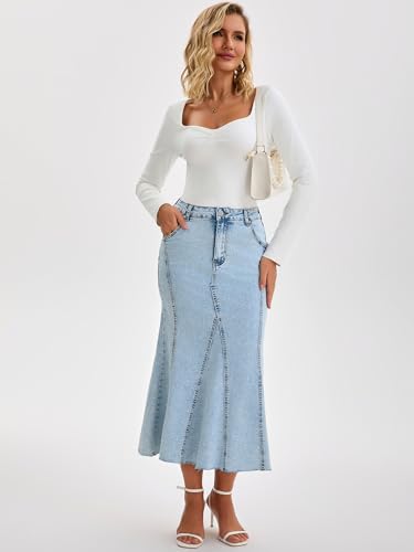 Womens Fishtail Long Jean Skirt High Waisted Casual Stretchy Fit and Flare Midi Denim Skirts3