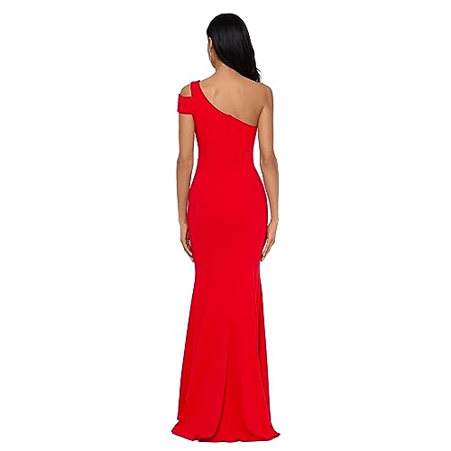 Image of Betsy & Adam Long Slim One Shoulder Dress | Cold Shoulder Evening Gown