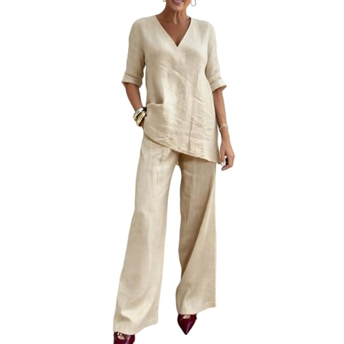 lopmou Co Ord Set Womens Linen Set Casual Top and Wide Leg Pants 2piece Leisure Spring Fashion Sweatsuits Conjuntos Para Mujer