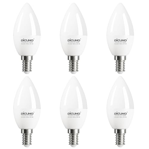 DiCUNO E14 LED Candle Bulbs, C37 SES Small Edison Screw, 5W, 50W Equivalent, 550LM, 5000K Daylight White, CRI90, Non-Dimmable, E14 Bulbs for Chandeliers, 6 Pack