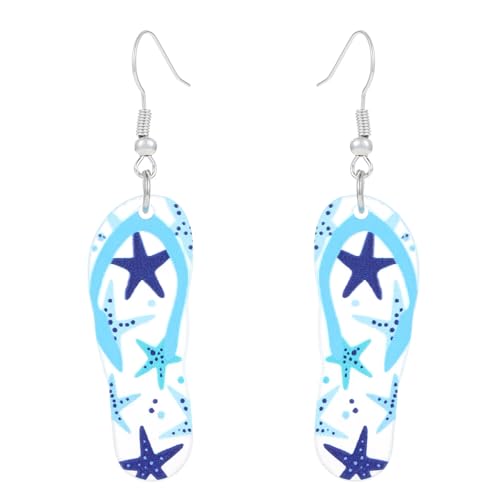 Silver Plated Blue Slipper Earrings Flip-flop Beach Sandal Dangle Hoop Earrings Holiday Jewelry for Women (B)