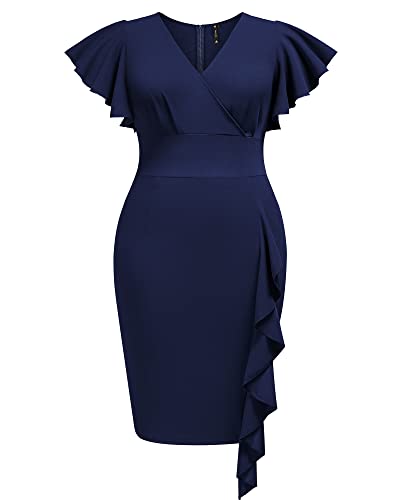Image of Miusol Women's Plus Size Vintage V Neck Ruffles Sleeve Bodycon Business Cocktail Party Pencil Dress
