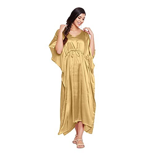 Oussum SG152-2001-GLD Women Fancy Satin Caftan Plus Size Maxi Dress Beach Cover Ups Kaftan House Dresses cover