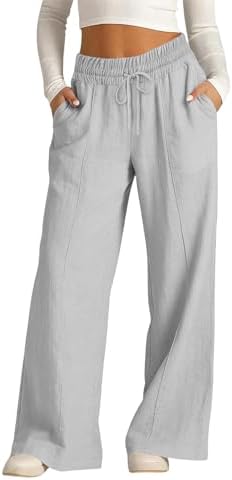 Rseomihvy Women's Cotton Linen Pants Summer Straight Wide Leg Trousers Drawstring Elastic Waist Loose Beach Vacation Outfits Gray