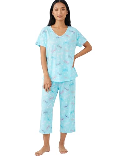 Image of CHUNG Women Cotton Pajama Sets Sleepwear pjs Short Sleeve Shirt Capri Length Crop Pants Cute Vivid Print