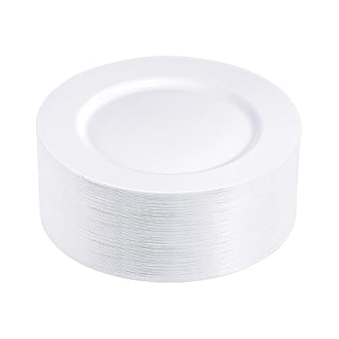 N9R 100PCS White Plastic Plates, Plastic Disposable Plates 10.25inch, Premium Heavy Duty Dinner Plates, Elegant and Fancy Party Plates Cover