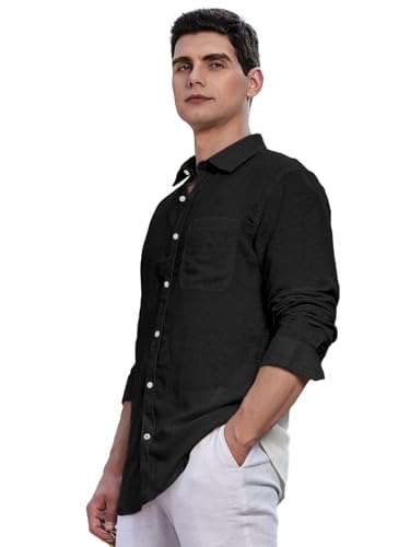Image of Classic Black Linen Cotton Button-Down Shirt, Full Sleeves, Slim Fit, Casual Wear