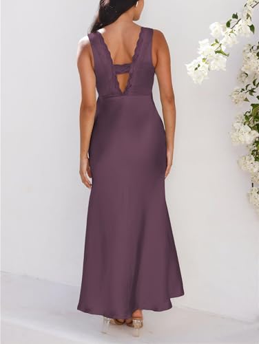 Image of BAGONE Summer Satin Lace V Neck Backless Formal Wedding Guest Maxi Dresses | Silk,Open Back,Sleeveless,Elegant,Cocktail,Bridesmaid,Baby Shower,Party,Prom,Birthday,Vacation,Summer Dresses for Women 2026