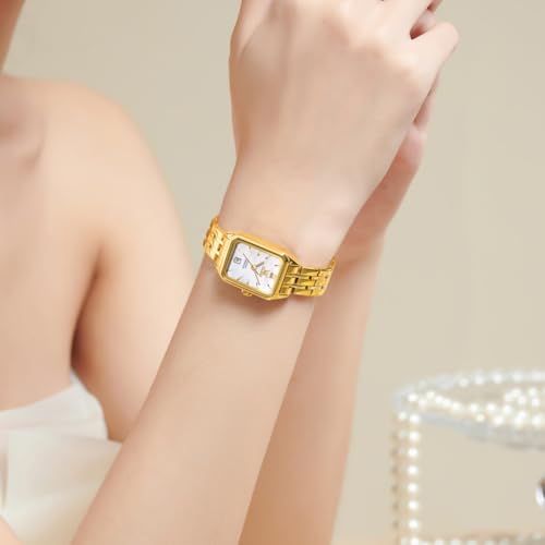 Image of OLEVS Watches for Women Gold Dress Analog Quartz Square Female Watch Stainless Steel Waterproof Calender Stylish Watch for Ladies
