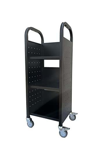 Workington Single Bank Rolling Book Truck Book Cart With 3 Flat Shelves, Library Book Cart With Swivel Lockable Casters 3000 Black #TOP3